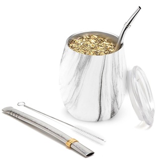 balibetov - Neu - Modernes Yerba Mate Gourd Set (Mate Tasse) - Doppelwandiger 18/8 Edelstahl Enthält zwei Bombillas und eine Reinigungsbürste (GOLD MARMOR, 235 ml)