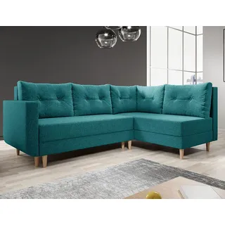 Easy4You Ecksofa Baldur L-Form Türkis – 235x93x145 cm - Schlafsofa mit Bettkasten und Schlaffunktion - Eckcouch mit Stauraum, Holzfüße und Kissen – Rechts – Stoff Lux 30 - Türkis