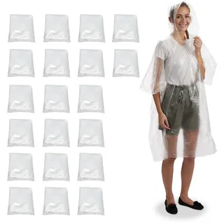 Relaxdays Regenponcho Einweg 20er Set, Einmal Regencape mit Kapuze, Erwachsene, Notfallponcho Damen, Herren, transparent