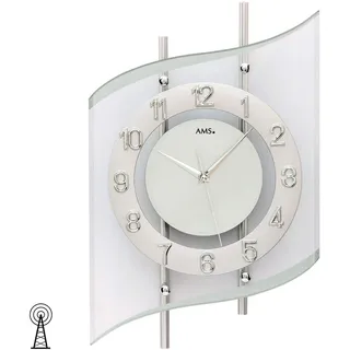 AMS 5506 Wanduhr Funk Funkwanduhr Analog Silbern Modern geschwungen mit Glas