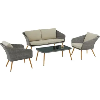 Idimex Gartenmöbel Antalya: Komfortables Lounge Set mit Zweisitzer, Sesseln & Tisch, Polyrattan - Grau/Beige