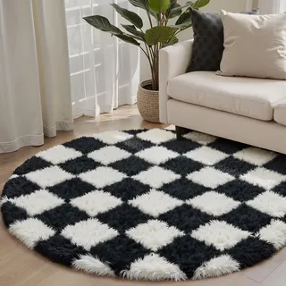 HUGEAR Kariert Flauschig Teppich Rund 120 Teppiche Schwarz Weiß Shaggy rutschfest Kinderzimmer Mädchen Junge Carpet Bettvorleger Schlafzimmer Hochflor Weich Runder Carpets