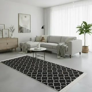 Jimri Teppich Läufer - Tepiche für Wohnzimmer, Schlafzimmer, Küche, Kinderzimmer, Badezimmer - Boho Kelim - Läufer Flur, Schwarz-Creme, Größe: 80x150 cm