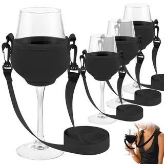 4 Stück Weinglashalter zum Umhängen,Weinglas-Halshalter, Festival Wine Glass Holder für Picknick Pool Festivals Hochzeit Geburtstag Party(Schwarz)
