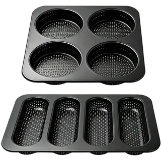 Rebanky 2 Stück Backform für Burger Buns Brötchen Backform Antihaft, Baguette Backblech Klein Brötchenblech Gelocht 4 Mulden für Brot,Burger Buns und Baguette Schwarz