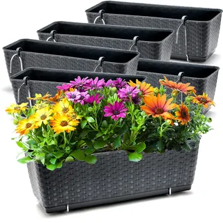 BigDean 6 Balkonkästen mit Metall Halterung 49 cm lang & Bewässerungssystem | Blumenkästen für Balkon Geländer Farbe Anthrazit in Rattan-Optik 49 x 17 x 17 cm