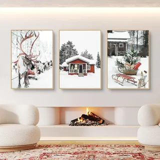 Herfair 3er Premium Poster Set, Moderne Natur Winter Weihnachten Elch Holzhaus Schneelandschaft Bilder,Leinwandbilder Wanddecor für Wohnzimmer Schlafzimmer Ohne Rahmen (A,30x40cm)