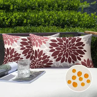 Serento Outdoor Kissenbezug wasserdichte Sofakissen Moderne Kissen Frühling Sommer Blumen Kissenbezüge Kissenhülle Leinen 30 x 50 cm für Wohnzimmer Schlafzimmer Sofa Garten Terrasse Deko, 2er Set Rot