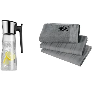 WMF Basic Wasserkaraffe mit Griff 1,5 liter, Glaskaraffe mit Deckel 1,5 l & Küchenhandtuch-Set 3-teilig, Baumwolle Küchentücher, 2 Geschirrtücher, Handtuch, Geschirrhandtuch