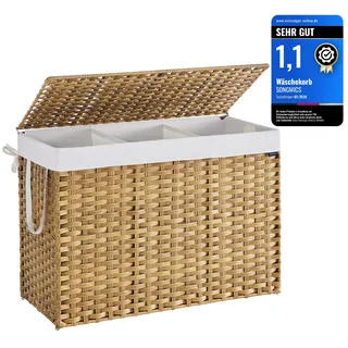 Songmics Wäschekorb 3 Fächern, Wäschesammler 200 L, Wäschebox aus synthetischem Rattan, mit Deckel und Griffen, geflochten, faltbar, herausnehmbarer Wäschesack, naturfarben LCB320Y01