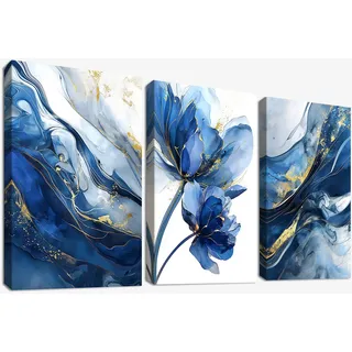 3Pcs Aquarell Gold Blau Lotusblume Mit Rahmen Leinwand Bilder Abstrakt Marineblau Marmor Bild auf Leinwand Malerei Wandbilder Wandposter Wohnzimmer Schlafzimmer Badezimmer Wanddeko 40x60cm x3pcs