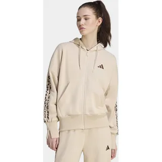 Kapuzensweatjacke ADIDAS SPORTSWEAR "SEASONAL ESSENTIALS 3-STREIFEN, ANIMALPRINT", Damen, Gr. L, beige (crystal linen, multicolor, khaki six), Obermaterial: 55% Baumwolle, 36% Polyester, 9% Viskose, normal, Rundhals, angesetztes Bündchen, Sweatjacken Kapuzensweatjacke