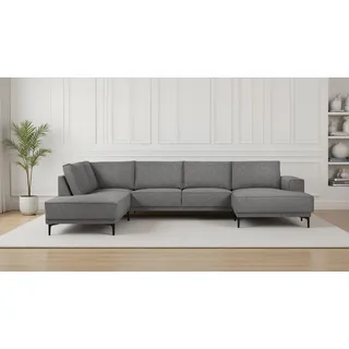 OTTO home Wohnlandschaft »XXL Sofa Oland, Struktur, Flachgewebe, Luxus-Microfaser, Boucle« U-Form, 345 cm, Wellenunterfederung, Skandi-Design, Metallfüße, braun