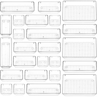 Puricon 25 Stück Klar Schubladen Ordnungssystem, 4 Größen Kunststoff Aufbewahrungsboxen, Schubladen Organizer, Plastik Make-Up Organizer für Bad Kosmetik Schminktisch Küche Büro Stiftablagen-klar