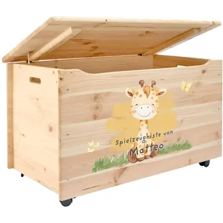 Pinus Spielzeugkiste personalisierbar 90x48x51 cm mit Deckel Rollen | Kiefernholz, Wunschname personalisiert, große Aufbewahrung, für Spielzeug Decken Erinnerungen, Kinderzimmer Geschenk Geburt