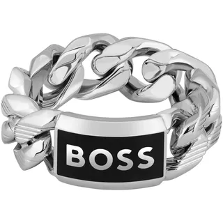 Fingerring BOSS "KASSY EMBLEM" Gr. 64, schwarz (edelstahlfarben, schwarz), Fingerringe, Herren, 64, Edelstahl, 10mm, Fingerring, mit Emaille