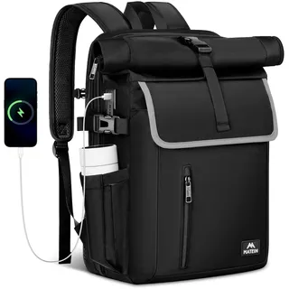 MATEIN Rolltop Rucksack Herren, Rucksack Wasserdicht 36L, Großer Laptoprucksack 17,3 Zoll mit USB Ladeanschluss, Anti-Diebstahl Backpack Kompatibel mit Airtag und RFID Fach, für Reisen, Uni, Schwarz