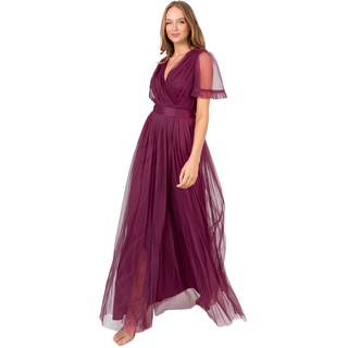 Anaya with Love Damen Ladies Maxi Dress Women V Neckline Short Sleeve Frilly Long Empire Waist for Wedding Guest Bridesmaid Maid of Honour Kleid, Plum, 38