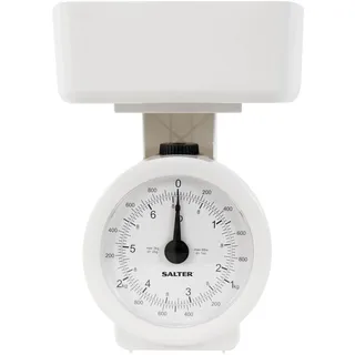 Salter 112 WHWHDR Mechanische Küchenwaage analog - mit schussel, 3kg, gut ablesbare Skala, spülmaschinenfest, kompakte Aufbewahrung, Küchenwaage mit herausnehmbarer 1L-cm-Schüssel, batterielos, weiß