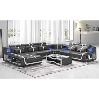JV moebel Wohnlandschaft XXL Sofa U Form Groß Ecksofa Ledersofa Schwarz Sofas schwarz