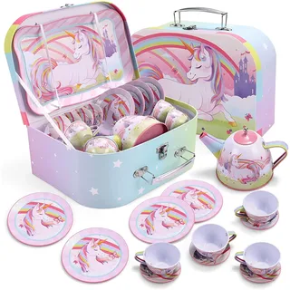 JOYIN 15-teiliges Einhorn Wackelkäfer Teeservice Tin Teekanne Set für Kinder Tee Party lustiges Küchen-Rollenspiel Teekanne Set für Mädchen Kinderspielzeug Geburtstagsgeschenke