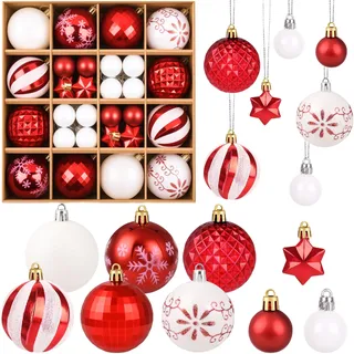 44er Kunststoff Weihnachtskugeln rot weiß Set,3/6cm Weihnachtskugeln Bruchsicher Christbaumkugeln Weihnachtsbaum Deko Mini Christbaumschmuck mit Verpackung Tannenbaumkugeln für Outdoor Indoor