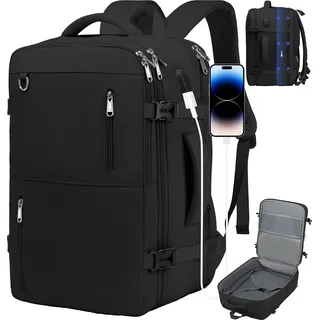 Delgeo Reiserucksack für Damen und Herren, Großer Handgepäck-Rucksack, Erweiterbare Handgepäcktasche, 17-Zoll-Laptop-Rucksack für Reisen, Wandern im Freien, Schwarz - Schwarz