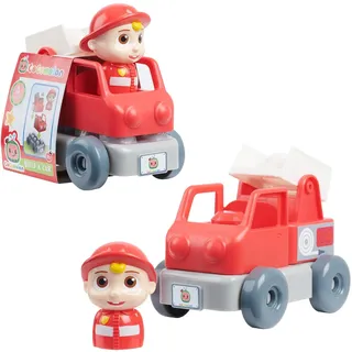 CoComelon, Giochi Preziosi CCM131 Fahrzeug mit Figur, 4-teilig, Bausteinbau, Modell J.J Feuerwehrauto, Spielzeug für Kinder ab 18 Monaten