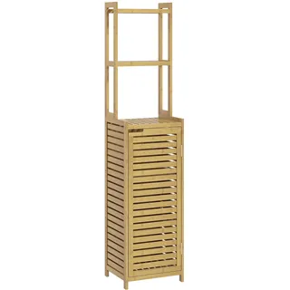Homcom Badezimmerschrank aus Bambus Badschrank mit Schrankfach, Toilettenschrank mit 3 Offen Fächern, Kippschutz, für Bad, Naturholz, 38,5 x 33 x 170 cm