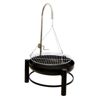 Lemodo Schwenkgrill mit Feuerschale – Holzkohlegrill mit höhenverstellbarem Grillrost per Kurbel, stabiler Hängegrill für Garten und Terrasse, auch als Feuerkorb und für Gulaschkessel verwendbar - Schwarz