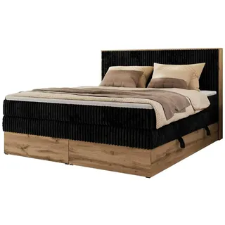MKS Meble Boxspringbett WOOD CLASSIC KING, Doppelbett mit zwei Multipocket-Matratze und Toppper, hohe Kopfteil, Stauraum - 200 x 200 cm - H3 - Schwarz Cord - Schwarz