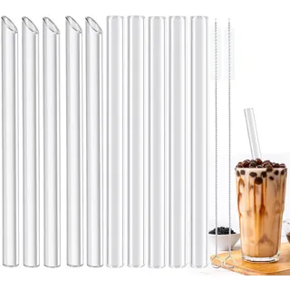 TRUEIN 10 Glasstrohhalme Lang Gerade, 14mm × 215mm Glasstrohhalme Wiederverwendbar, Strohhalme Glas Trinkhalme, Glastrinkhalme Spülmaschinenfest und 2 Reinigungsbürsten für Smoothies Saft Bubble Tea