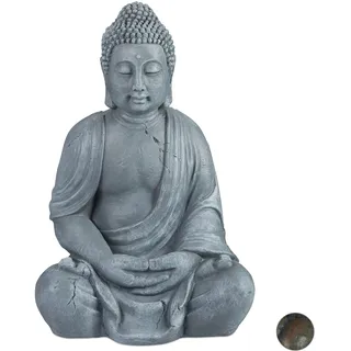 Relaxdays Buddha Figur 70 cm, Gartenfigur, Dekofigur Wohnzimmer, wetterfest & frostsicher, hellgrau