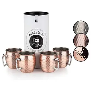 Buddy ́s Bar - Moscow Mule Becher, 500 ml, hochwertiger Edelstahl-Becher, lebensmittelecht, Hammerschlag-Effekt, Cocktail-Tasse inkl. Geschenkbox, gehämmert, Kupfer Antik, 4er Set