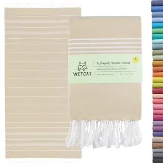 WETCAT Vorgewaschenes Super weiches türkisches Handtuch, 100% Baumwolle, Stranddecke, Pestemal, Fouta, Überwurf – für Bad, Strand, Pool, Picknick, Yoga, Reisen, 94 x 178 cm – Katze Katze Basic Beige