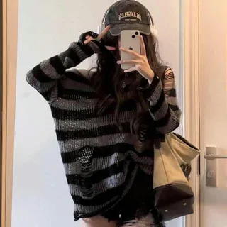 CABULE Gestreifter Strickpullover Damen Herbst Harajuku Punk Hohlpullover Löcher Lose Vielseitig Gothic Tops Streetwear-1-L