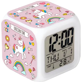 Cisixin Digitaler Wecker Einhorn Bunte Quadratische Mädchen LED beleuchteter Verfärbung und Dekompression Wecker Kreative Farbe LED Digitaluhr mit Temperaturanzeige Tischuhr Ändern Kleine Wecker