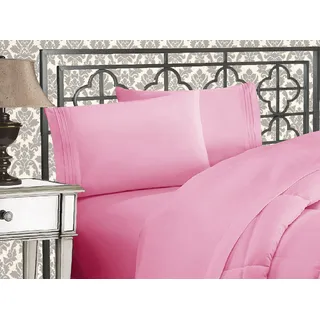 Elegant Comfort Luxuriöses 1500 Premium-Bettwäsche-Set aus Mikrofaser in Hotelqualität, dreireihig, Bestickt, weichstes 4-teiliges Bettlaken-Set, Knitter- und lichtbeständig, King, Hellrosa