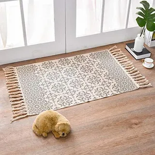 MORROWCAMP Boho Teppich klein 58 x 88 cm, Baumwolle Teppich Waschbar mit Quasten, Schmaler Kleiner Baumwollteppich für Wohnzimmer Schlafzimmer Flur, Handgewebter Boho Stil Teppich