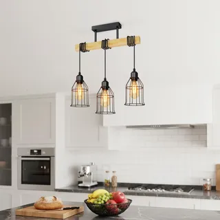 LVWIT Hängelampe Esstisch 3 Flammig, Höhenverstellbar Esszimmerlampe Pendelleuchte E27, Schwarz Deckenlampe Esszimmerlampe Hängend, Holz Balkenpendelleuchte Wohnzimmer Küche Bar