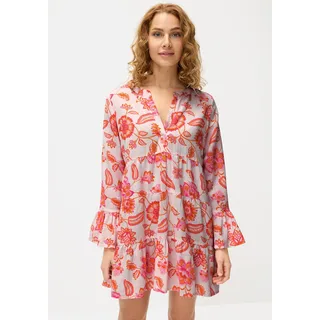 Longbluse LASCANA, Damen, Gr. 44/46, bunt (orange, pink bedruckt), Web, Obermaterial: 58% Viskose, 28% Baumwolle, 14% Leinen, bedruckt, figurumspielend knieumspielend, Rundhals, Volant, Blusen Longbluse, mit modischen Volants, Topseller