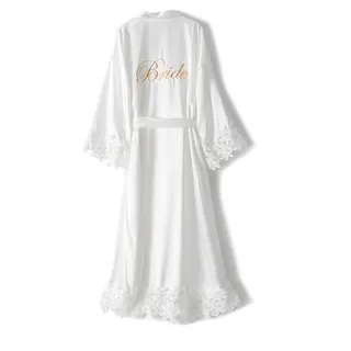 Crystal Dew Damen-Kimono, lang, mit Spitzenbesatz, Stickerei, Braut-Bademantel, Satin, für Hochzeit, Party, Nachtwäsche, Weiß, Einheitsgröße