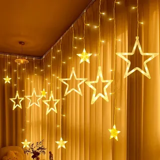 LED Lichterkette 12 Sterne, Lichtervorhang weihnachtslichter Sternenvorhang 138 LEDs 8 Modi Mit Timer Dimmbar Für Innen Außen, Weihnachten, Party, Hochzeit, Balkon, Garten, Deko (Warmweiß)