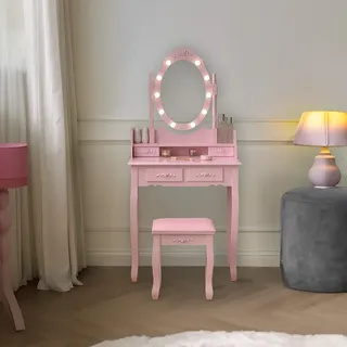 HOME DELUXE - Schminktisch ROSY - Rosa: - 149 x 71 x 40 cm, 10 LED ́s wählbar zwischen 3 Lichtfarben, steuerbar über Touchbutton I Kosmetiktisch Make - UP Tisch - Rosa