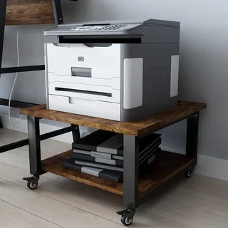 PUNCIA 2-Ebene Druckertisch mit Universalrollen 50 x 50 x 30 cm mobiler Druckerständer aus Holz & Metall Druckerwagen Aufbewahrungsregal bis zu 70 kg belastbar für Büro Zuhause Office Schule Retro