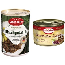 DREISTERN Hirsch Edelgulasch, 400 gramm & Sauerbraten Gulasch - leckeres Gulasch in der praktischen recycelbaren Konserve, 400 gramm