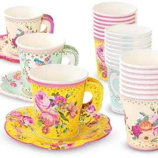 Talking Tables Talking Table Lot de 12 Gobelets en Papier Thème Floral, avec poignet et soucoupe, Vintage, 6 fluid_ounces , Multicolor