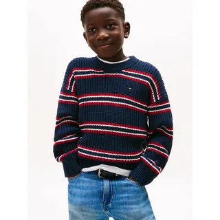 Strickpullover TOMMY HILFIGER "HALF CARDIGAN C-NECK SWEATER", Jungen, Gr. 4 (104), bunt (schwarz night navy multi stripe), Strick, Obermaterial: 60% Baumwolle, 40% Polyacryl, gestreift, mehrfarbig, regular fit normal, Rundhals, eingesetzt Bündchen, Pullover Strickpullover, Kinder bis 16 Jahre