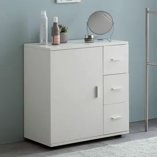 FineBuy Badschrank FB52416 Weiß 60x65,5x33 cm Midi-Schrank mit Tür & Schubladen Kleiner Beistellschrank Matt Badregal Schmal Freistehend - Weiß