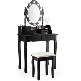 COSTWAY Schminktisch mit Hocker, Frisiertisch mit 360° drehbarem Spiegel & 10 dimmbaren LED Lechten, Kosmetiktisch mit Abnehmbarer Oberteil & 4 Schubladen, 75 x 40 x 146 cm (Schwarz)